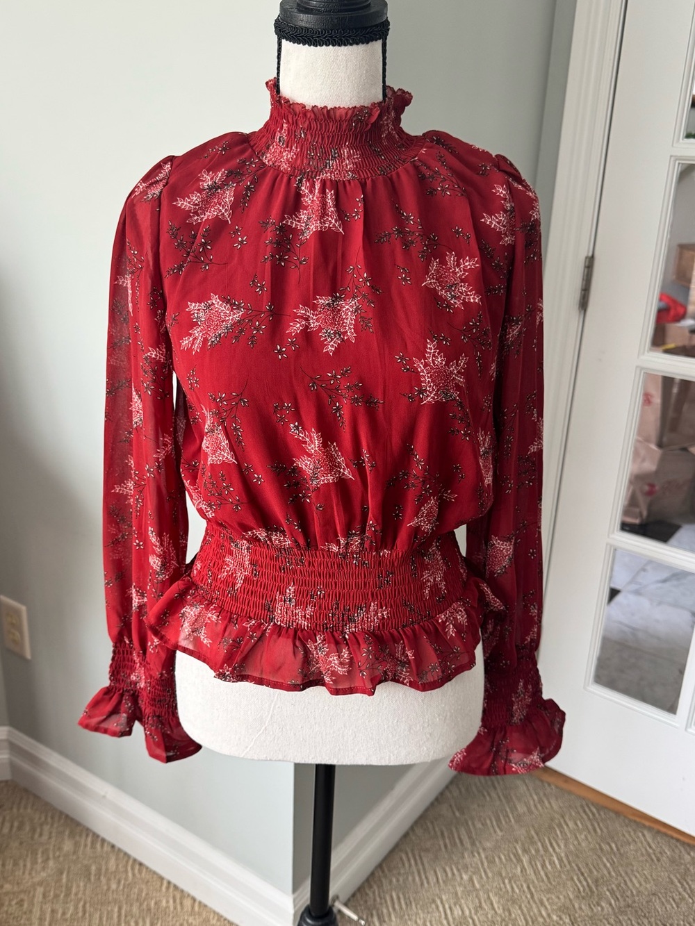 Red Chiffon Smocked Balloon Sleeve Blouse S Floral Peplum Mock Neck Boho Moody